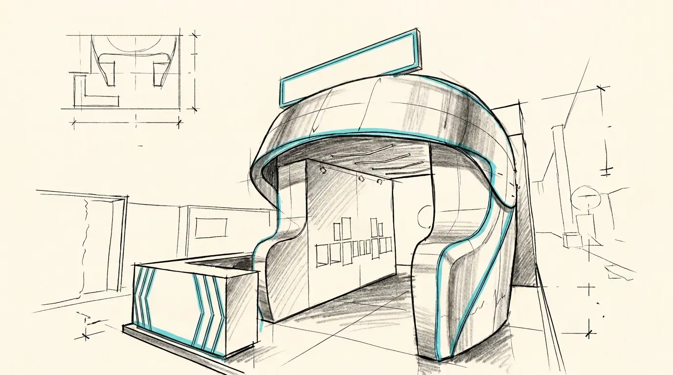 Architectural concept sketch reconstructing the sweeping curved form of the Bitget exhibition booth