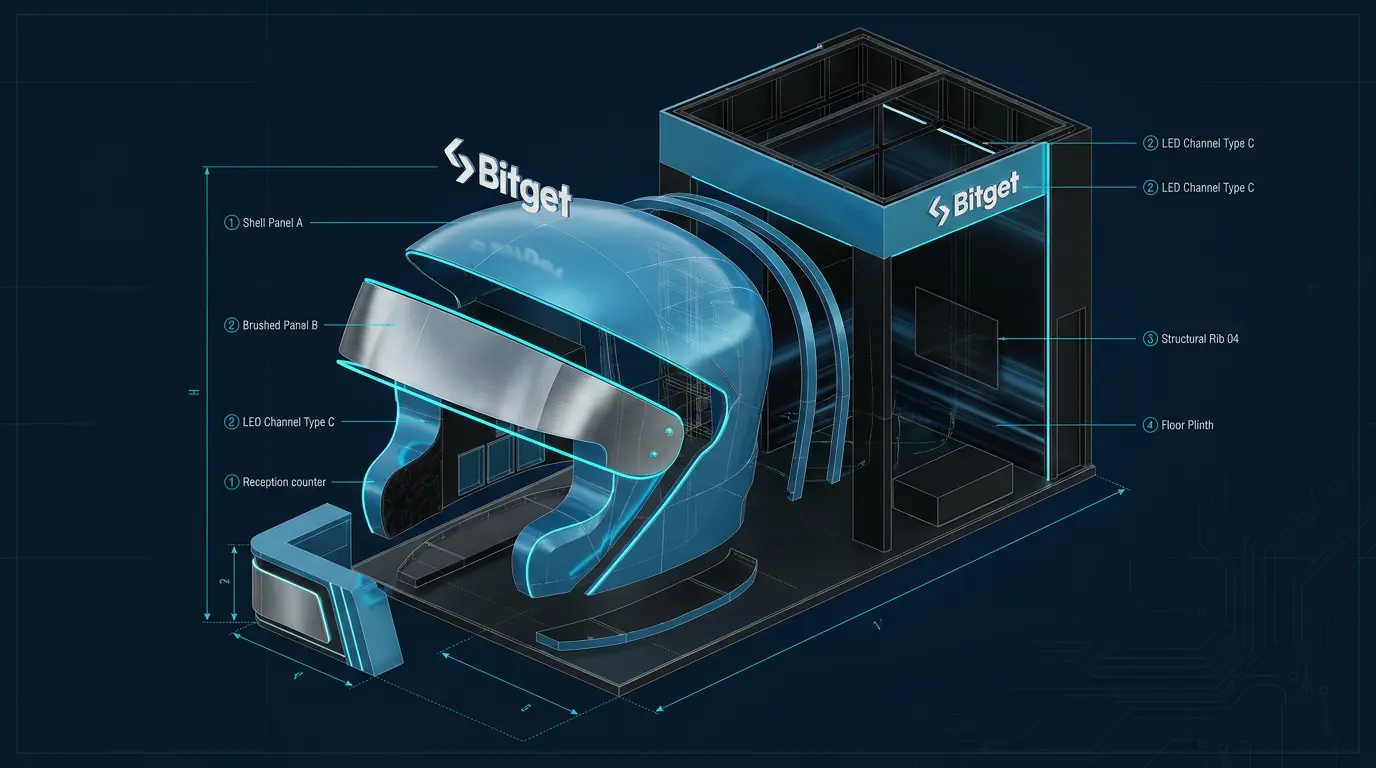 Exploded engineering visualisation of the Bitget booth showing its modular structure, cladding and lighting