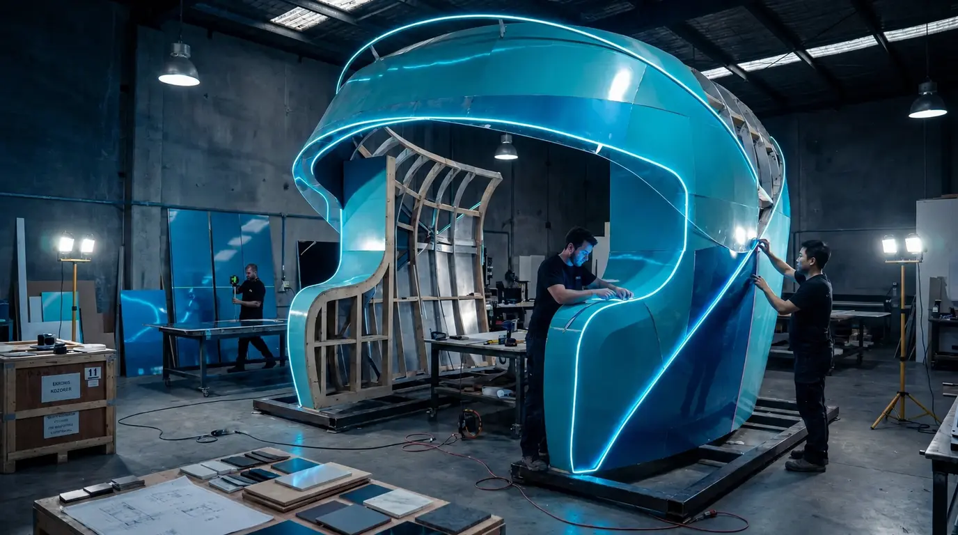 Workshop reconstruction showing fabricators assembling the curved Bitget booth shell and cyan lighting