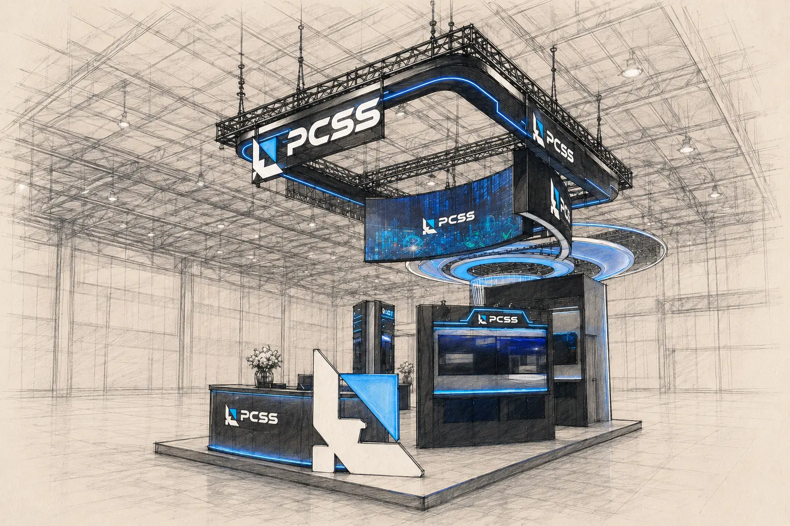 Initial concept sketch of the PCSS exhibition stand