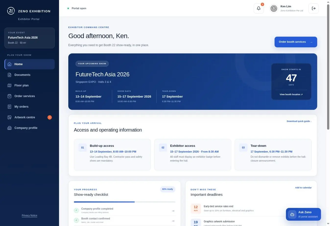 Exhibitor portal dashboard showing event dates, required actions, guidance and readiness status